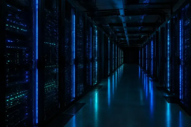 Illustrative data center hall with blue lighting